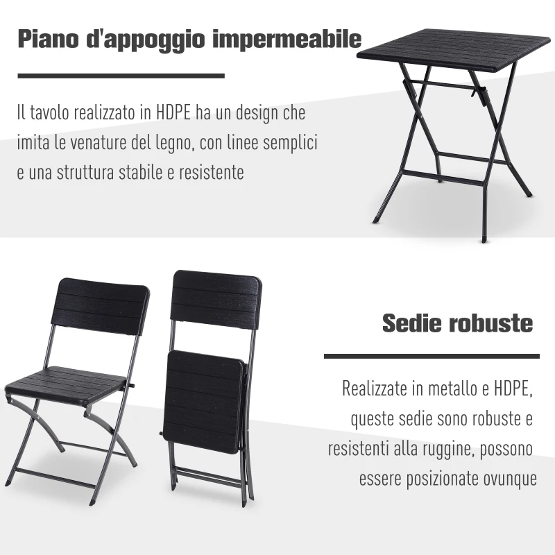 Outsunny Set 3 Pzi Mobili da Giardino: 2 Sedie (54x44.5x81cm) 1 Tavolo (61.6x61.6x74cm), Pieghevoli e Salvaspazio, Nero