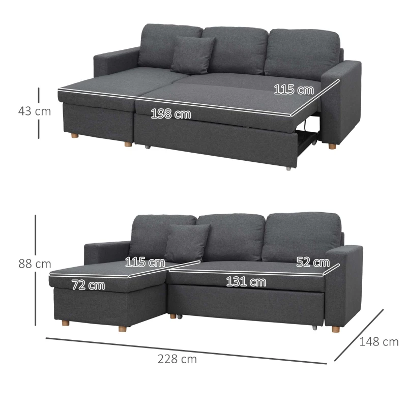 HOMCOM Ecksofa, Eckcouch, Schlafsofa, ausziehbar, mit Bettfunktion, Stauraum, Leinenoptik, dunkelgrau, 228 x 148 x 88cm