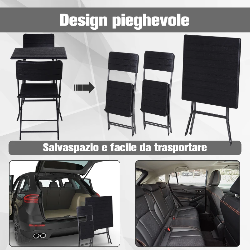 Outsunny Set 3 Pzi Mobili da Giardino: 2 Sedie (54x44.5x81cm) 1 Tavolo (61.6x61.6x74cm), Pieghevoli e Salvaspazio, Nero