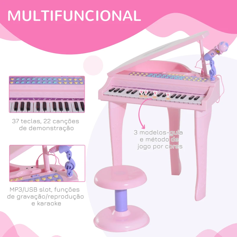 HOMCOM Piano para Crianças com 37 Teclas Microfone Banco Luzes 22 Músicas e Entrada para MP3 e USB 48x39x69 cm Rosa