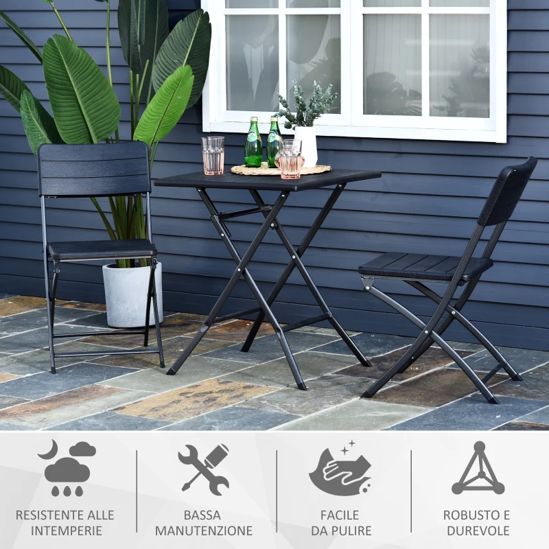 Outsunny Set 3 Pzi Mobili da Giardino: 2 Sedie (54x44.5x81cm) 1 Tavolo (61.6x61.6x74cm), Pieghevoli e Salvaspazio, Nero