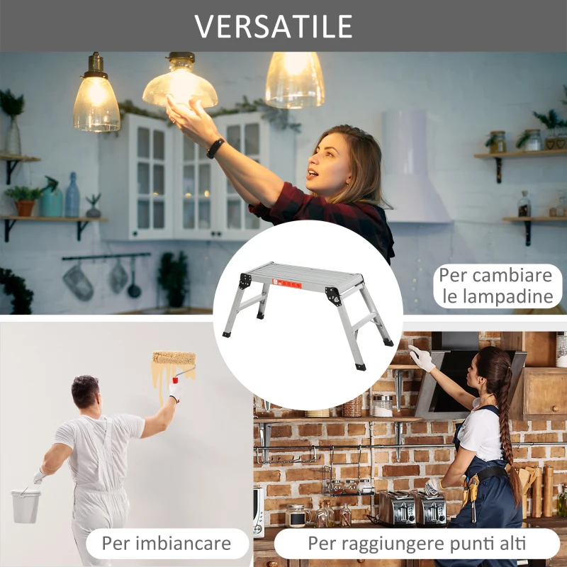 HOMCOM Piattaforma da Lavoro Pieghevole Scala Multiuso in Lega d'Alluminio 113×41×48.5cm Argento