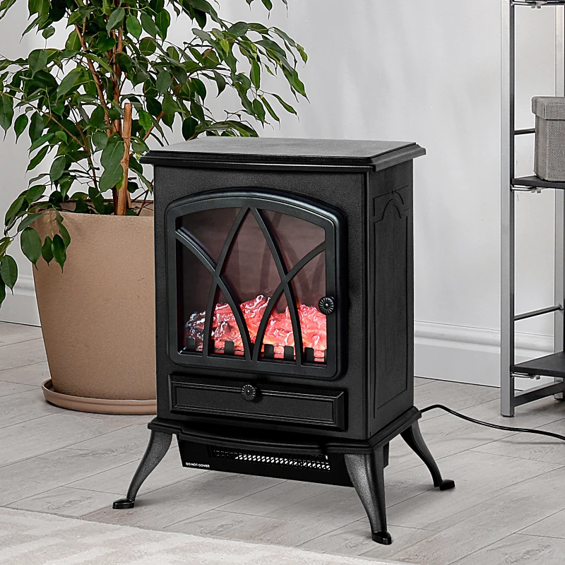 HOMCOM Lareira Elétrica Portátil Lareira Elétrica com Efeito de Chama Realista Potência 1000W/2000W 45x28,5x54cm Preto