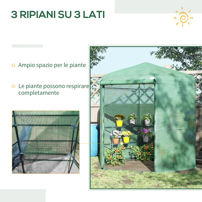 Outsunny Serra da Giardino in PE Anti-UV, 3 Ripiani e Porta Avvolgibile 225x194x215 cm, Verde