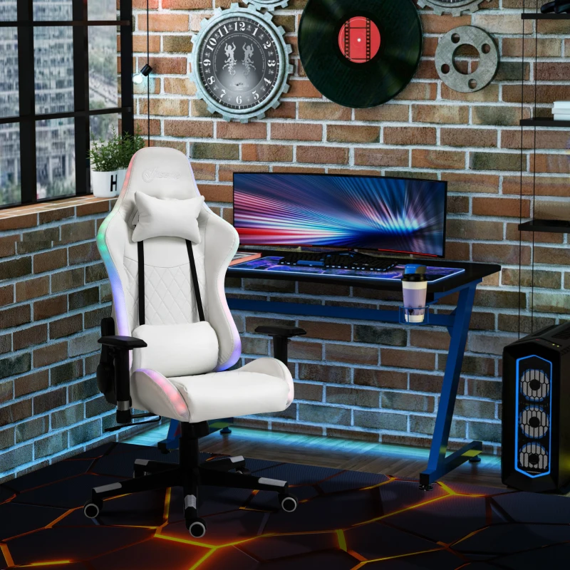 Vinsetto gamestoel met RGB led-verlichting, ergonomische bureaustoel, draaistoel met kussen, verstelbare rugleuning, kunstleer, wit + zwart, 68 x 68 x 126-136 cm