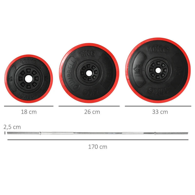 HOMCOM Langhantel, 50 kg, rutschfester Griff, 8 Hantelscheiben, gummierter Rand, Eisen, rot, 170 x 33 x 33cm