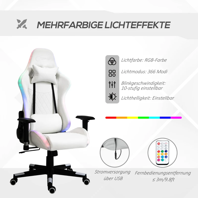 Vinsetto gamestoel met RGB led-verlichting, ergonomische bureaustoel, draaistoel met kussen, verstelbare rugleuning, kunstleer, wit + zwart, 68 x 68 x 126-136 cm