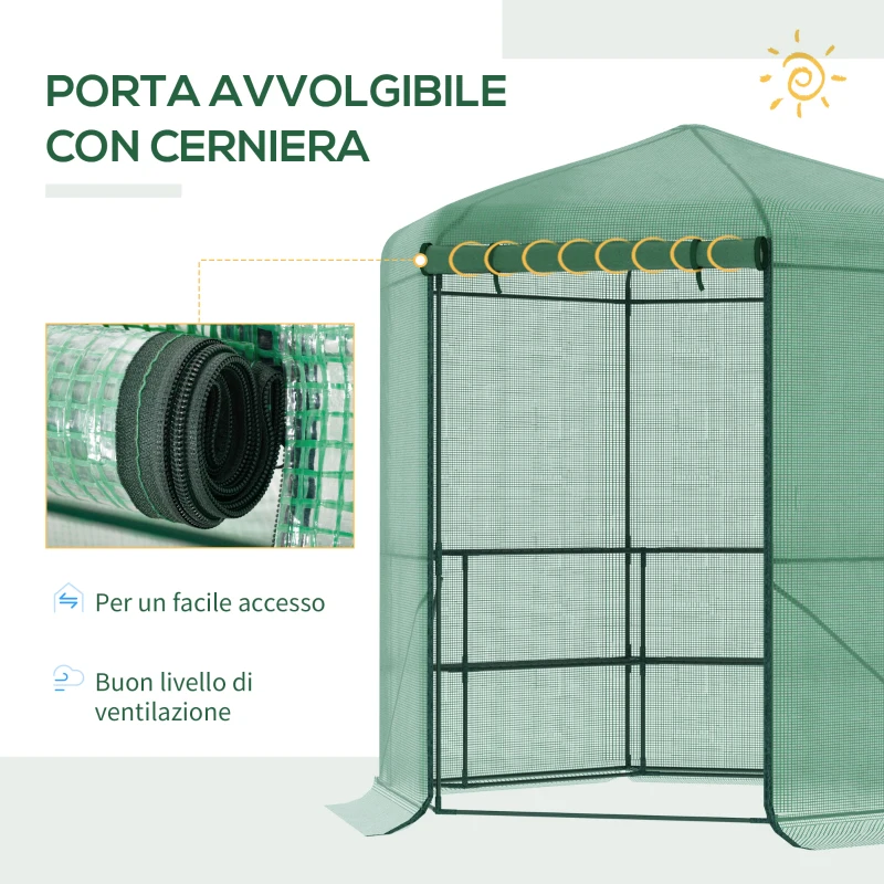 Outsunny Serra da Giardino in PE Anti-UV, 3 Ripiani e Porta Avvolgibile 225x194x215 cm, Verde