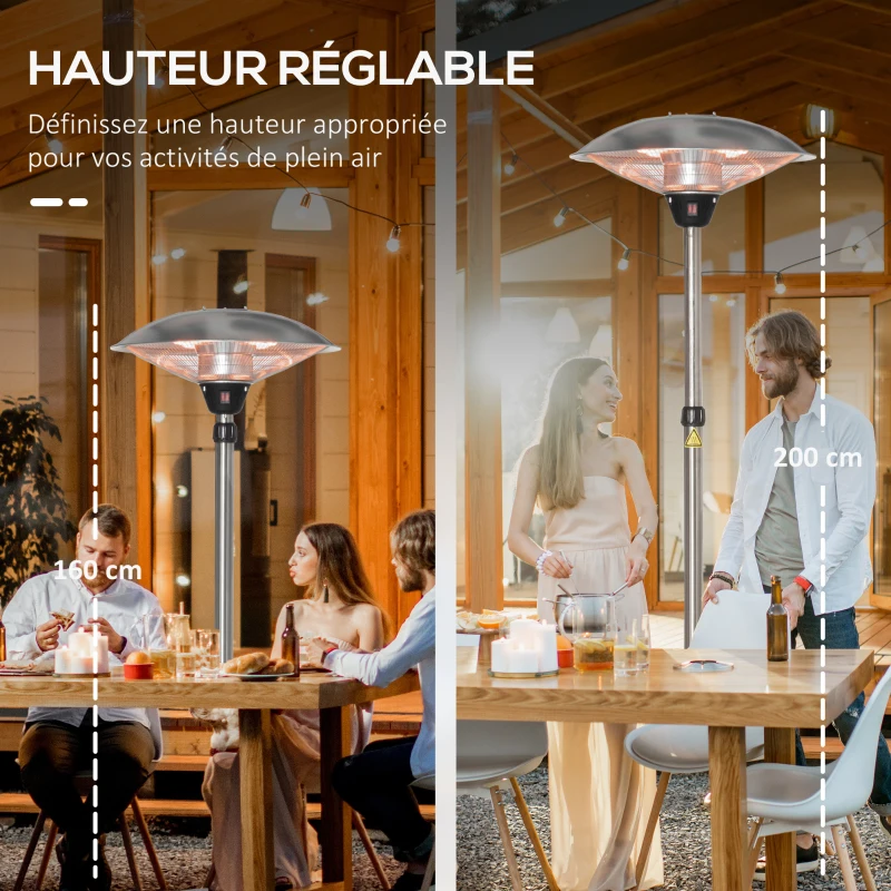 Outsunny Parasol chauffant électrique 3000W chauffage d'appoint sans CO₂ 13 m² et IP44 - chauffage infrarouge sur pied 3 puissances de chauffe - hauteur réglable de 160 à 200 cm acier inox. argent