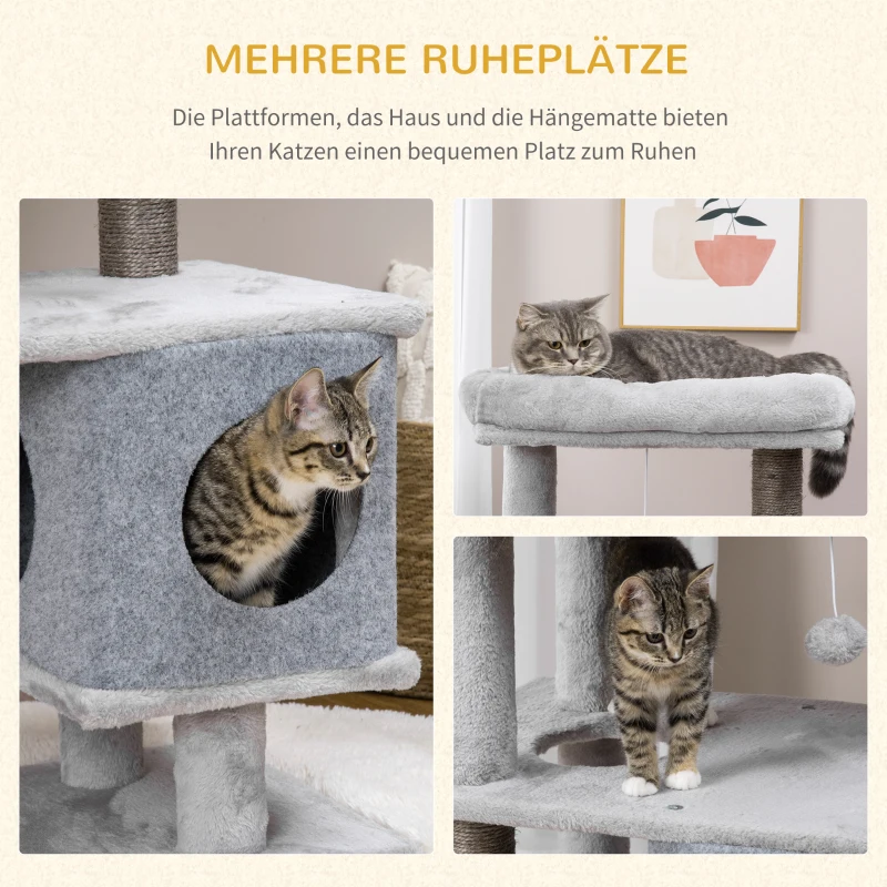 PawHut krabpaal 142H cm krabpaal klimboom met kattengrot anti-tip grijs