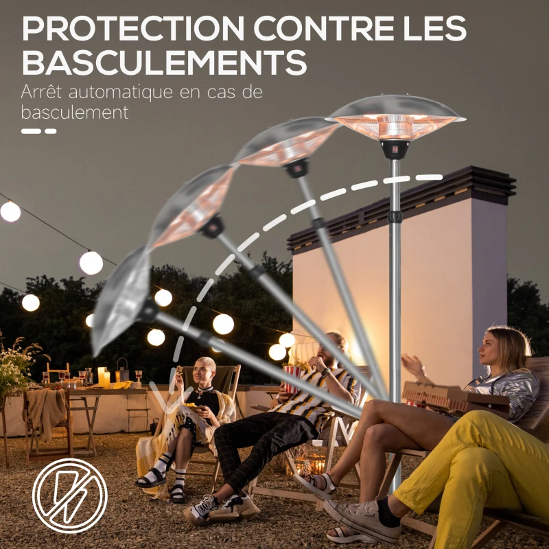 Outsunny Parasol chauffant électrique 3000W chauffage d'appoint sans CO₂ 13 m² et IP44 - chauffage infrarouge sur pied 3 puissances de chauffe - hauteur réglable de 160 à 200 cm acier inox. argent