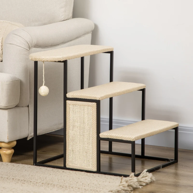 PawHut Schodki dla Kota z Drapakiem, 3 Stopnie, Kula do Zabawy, Solidne, Stal+Sizal, Kremowy+Czarny, 51 x 54 x 53cm