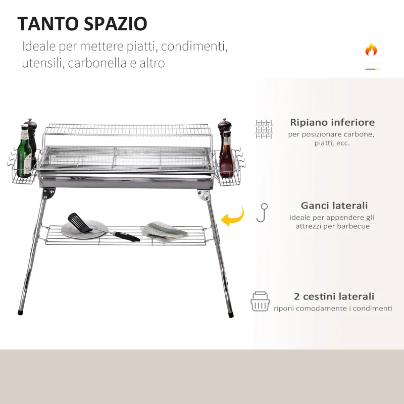 Outsunny Barbecue da Viaggio con Gambe Pieghevoli e 2 Griglie Antiaderenti in Acciaio Inossidabile 100 x 43 x 77 cm