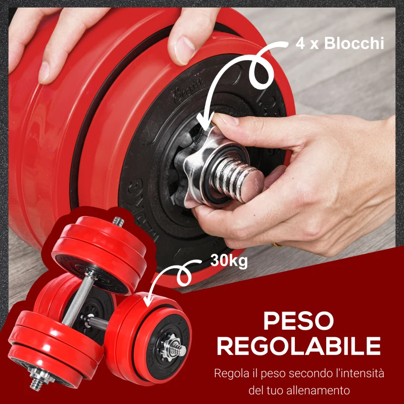 HOMCOM Set 2 in 1 Bilanciere e Manubri Pesi da 30kg, Dischi con Rivestimento in Plastica Antigraffio, Rosso e Nero