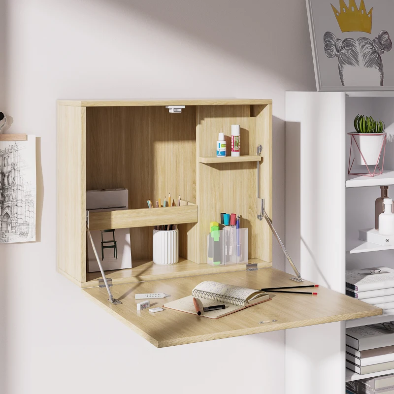 HOMCOM wandtafel opklapbaar wand opklapbaar bureau met opbergruimte naturel hout