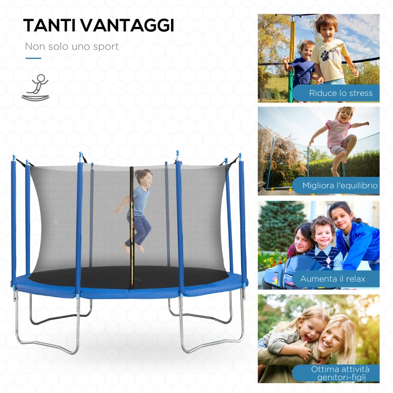 HOMCOM Tappeto Elastico per Bambini e Adulti con Rete e Bordo Imbottito, Trampolino da Giardino, Φ366x275cm, Blu e Nero