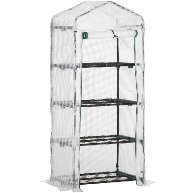 Outsunny 4 Tier Mini Greenhouse, Portable Green House with Steel Frame, PE Cover, Roll-up Door, 160H x 69L x 50Wcm, White