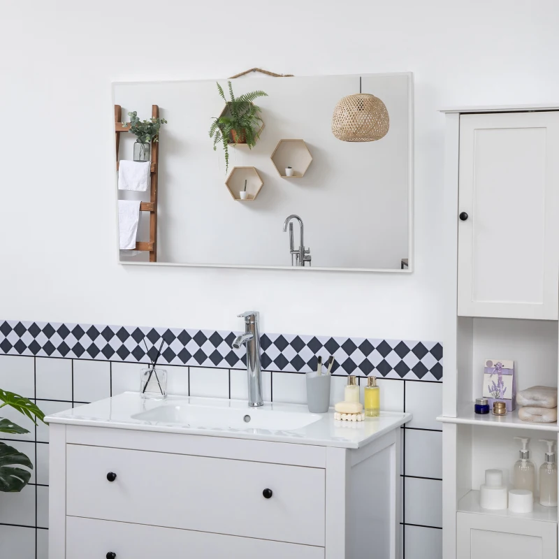 kleankin Oglinda de baie dreptunghiulara din placi aglomerate si sticla cu design de perete, 104x60 cm, alb si argintiu