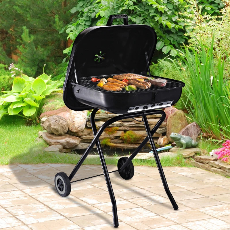 Outsunny Barbecue in Acciaio con 2 Ruote, Coperchio, Ventola Controllo Calore, Gambe Pieghevoli | Nero | 57x70x86cm