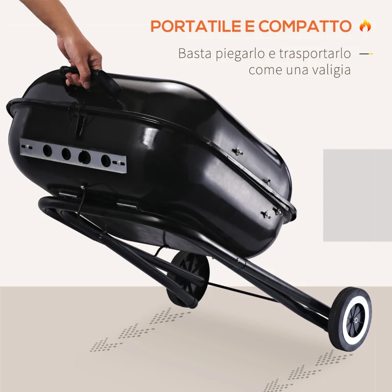 Outsunny Barbecue in Acciaio con 2 Ruote, Coperchio, Ventola Controllo Calore, Gambe Pieghevoli | Nero | 57x70x86cm