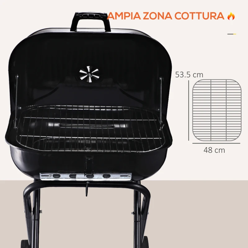 Outsunny Barbecue in Acciaio con 2 Ruote, Coperchio, Ventola Controllo Calore, Gambe Pieghevoli | Nero | 57x70x86cm