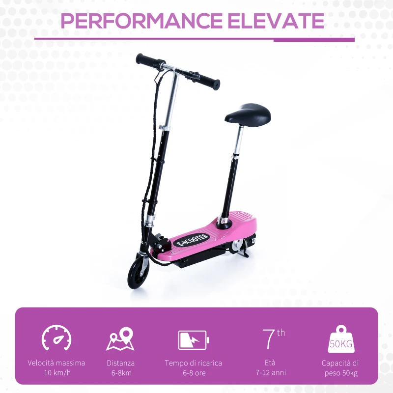 HOMCOM Monopattino Elettrico Pieghevole per Bambini con Seggiolino ad Altezza Regolabile, in Metallo e PE, 78x37x99 cm, Rosa