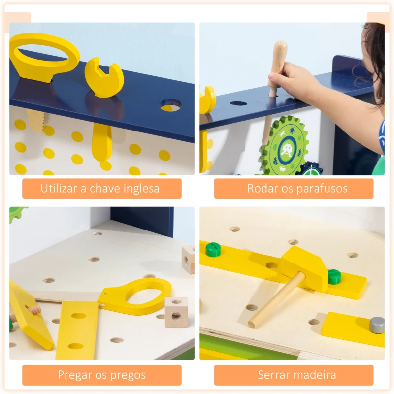 HOMCOM Bancada de Ferramentas de Madeira Infantil com 27 Peças com Martelo Chave de Fendas Chave Inglesa 55,3x30x78cm Multicor