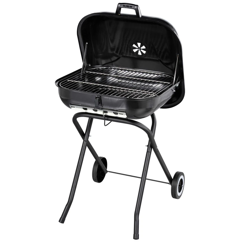 Outsunny Barbecue in Acciaio con 2 Ruote, Coperchio, Ventola Controllo Calore, Gambe Pieghevoli | Nero | 57x70x86cm