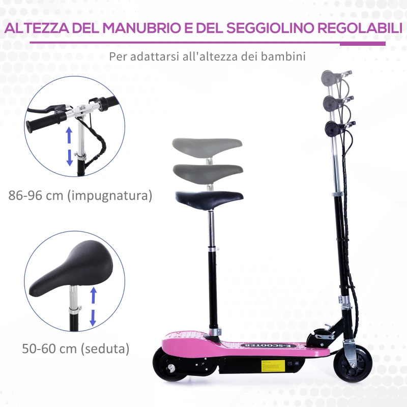 HOMCOM Monopattino Elettrico Pieghevole per Bambini con Seggiolino ad Altezza Regolabile, in Metallo e PE, 78x37x99 cm, Rosa