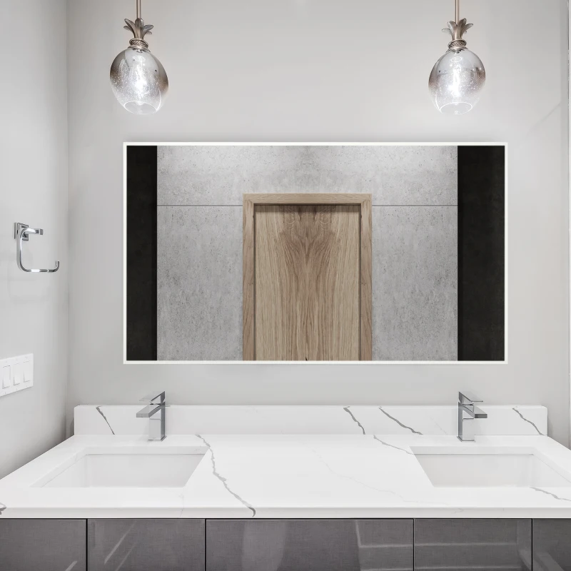 kleankin Oglinda de baie dreptunghiulara din placi aglomerate si sticla cu design de perete, 104x60 cm, alb si argintiu