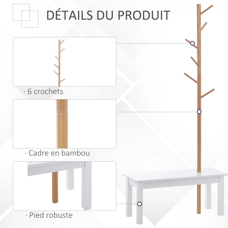HOMCOM Banc porte-manteaux 2 en 1 design contemporain cosy dim. 80L x 30l x 180H cm MDF blanc bois massif bambou