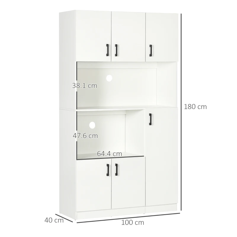 HOMCOM Dulap inalt din placi aglomerate cu 6 dulapuri si 2 rafturi deschise, pentru bucatarie, sufragerie si camera de zi 100x40x180 cm, alb