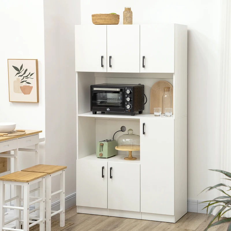 HOMCOM Dulap inalt din placi aglomerate cu 6 dulapuri si 2 rafturi deschise, pentru bucatarie, sufragerie si camera de zi 100x40x180 cm, alb