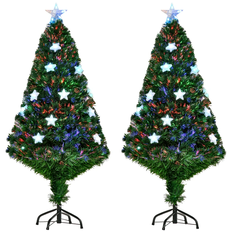 HOMCOM Set de 2 brazi de Craciun artificiali 120cm PVC, brad de Craciun iluminat cu fibre optice cu 16 lumini LED in forma de stele