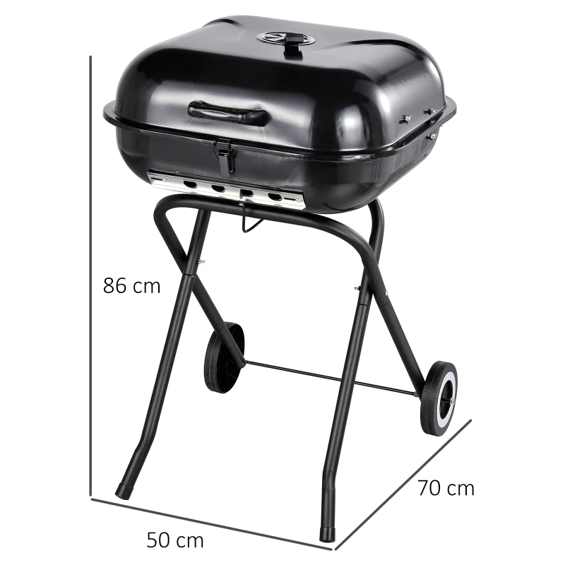 Outsunny Barbecue in Acciaio con 2 Ruote, Coperchio, Ventola Controllo Calore, Gambe Pieghevoli | Nero | 57x70x86cm
