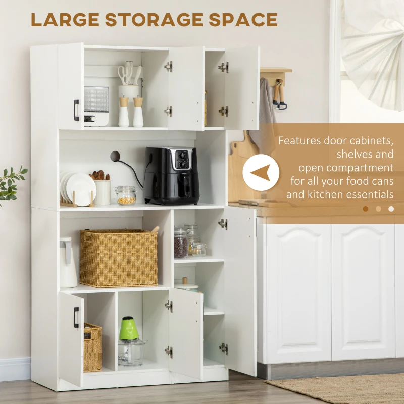 HOMCOM Dulap inalt din placi aglomerate cu 6 dulapuri si 2 rafturi deschise, pentru bucatarie, sufragerie si camera de zi 100x40x180 cm, alb