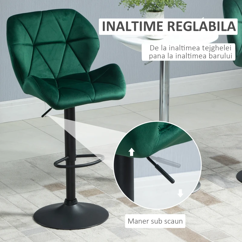 Homcom Set 2 Scaune Bar – Catifea Verde, Rotative & Reglabile
