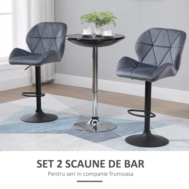 HOMCOM Set de 2 Scaune de Bar cu Înălțime Reglabilă, Bază Metalică și Șezut din Catifea, 51.5x57.5x93-114.5 cm, Gri