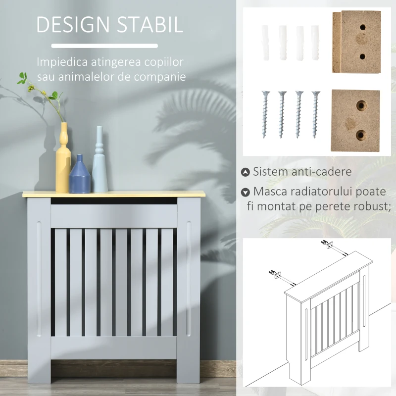 HOMCOM Masca Calorifer Design cu Sipci cu Raft in MDF si Lemn Gri