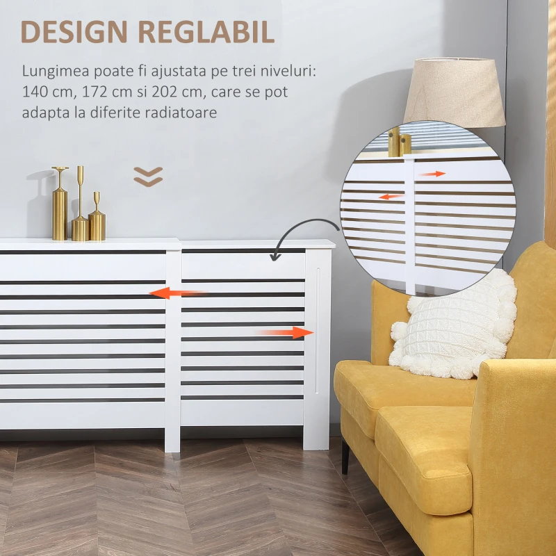 HOMCOM Masca Calorifer – Latime Reglabila, MDF cu Raft Decorativ(m-7)