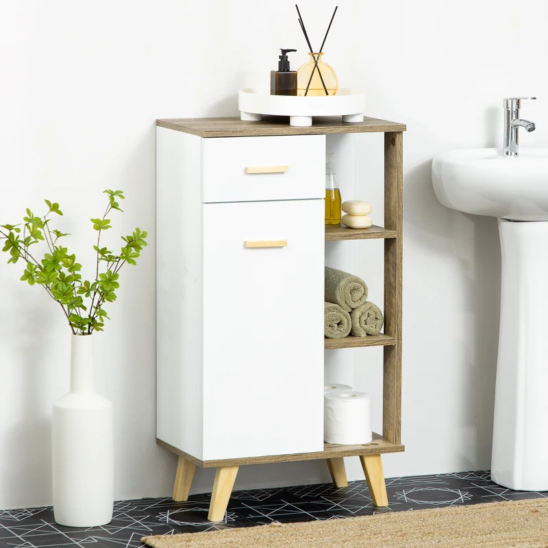 kleankin Dulap de baie modern cu dulap, sertar si rafturi din lemn, dulap multifunctional cu baza inaltata, 50x30x89cm, alb