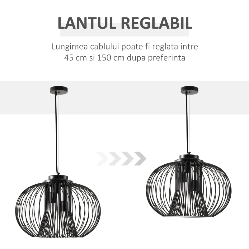 HOMCOM Lustră de plafon design modern cu fixare E27 și înălțime reglabilă, Plafoniera suspendata Ф50x150cm – negru
