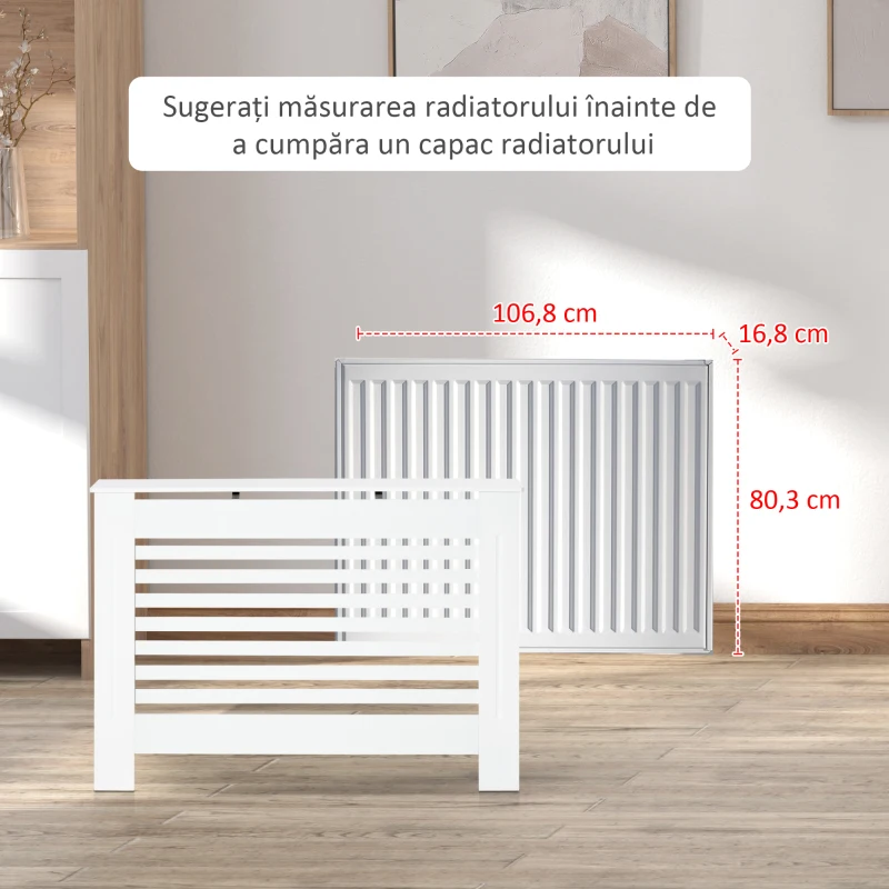 HOMCOM Mască pentru Calorifer din Lemn cu Structură din Șipci și Raft, 112x19x81 cm, Alb(m-7)
