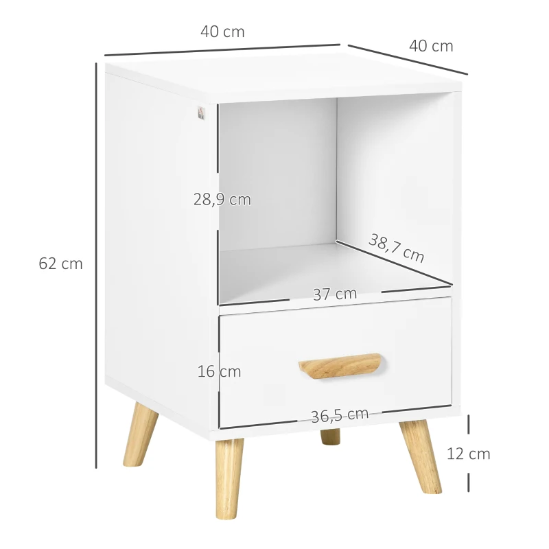 HOMCOM Mesa de Cabeceira Mesa Auxiliar Moderna com 1 Gaveta e Compartimento de Armazenamento 40x40x62cm Branco e Madeira