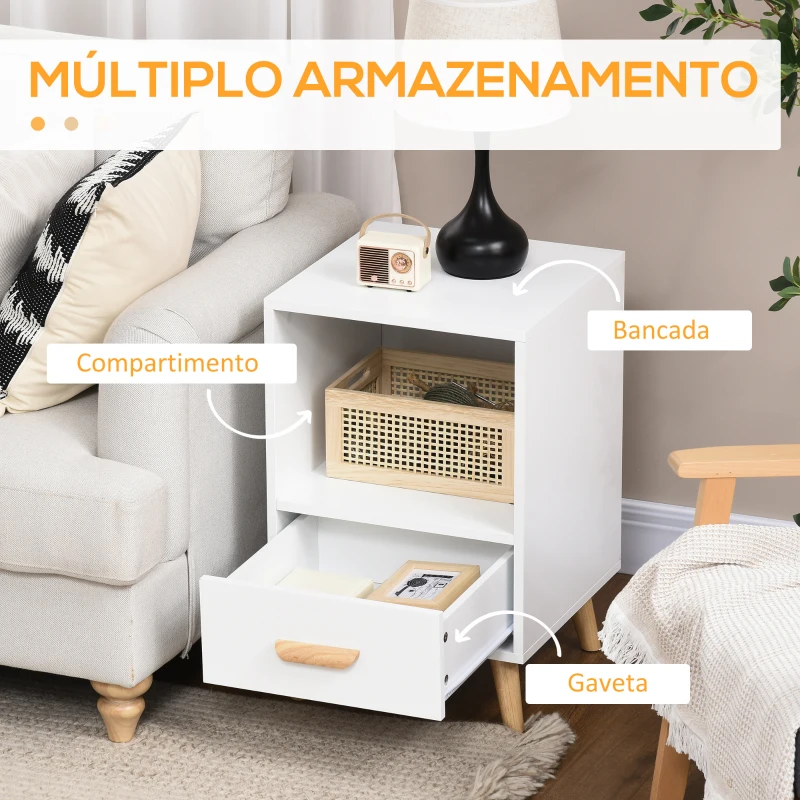 HOMCOM Mesa de Cabeceira Mesa Auxiliar Moderna com 1 Gaveta e Compartimento de Armazenamento 40x40x62cm Branco e Madeira