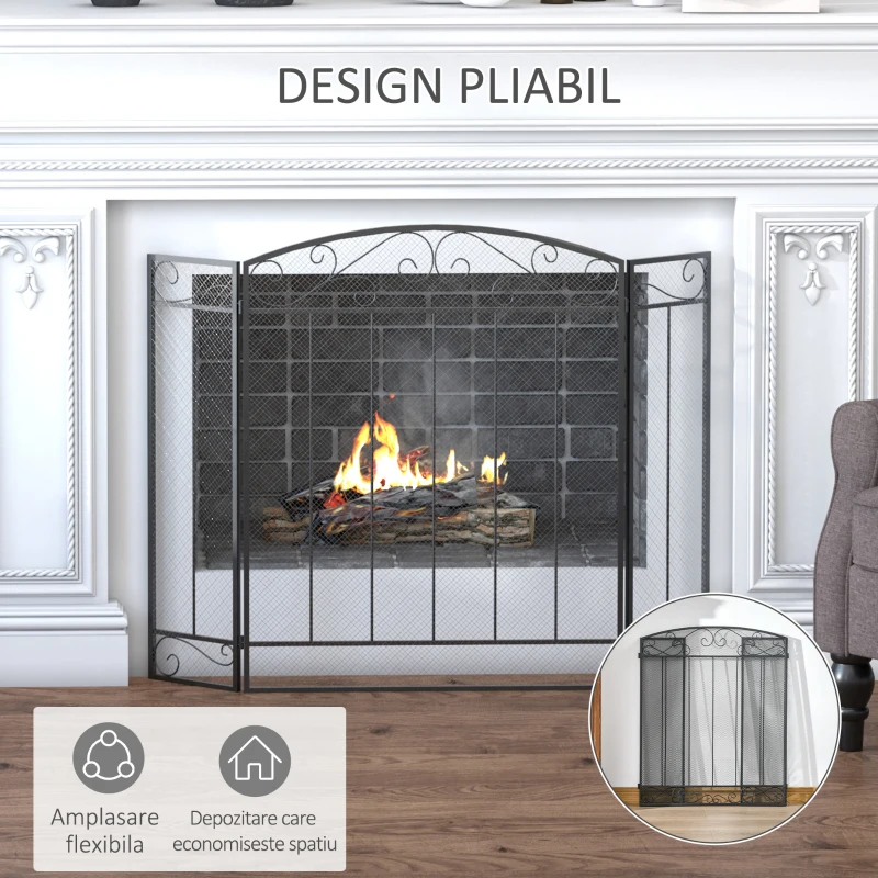 HOMCOM Parascentei pentru Semineu Pliabil 3 Panouri Metal Negru 105x1,6x80,5cm
