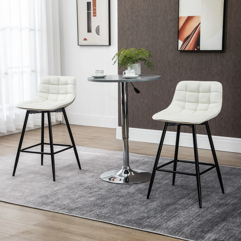 HOMCOM Set de 2 scaune de bar cu spatar si suport pentru picioare, scaune inalte tapitate in stil nordic din metal si catifea, alb-crem, 45x47x84 cm