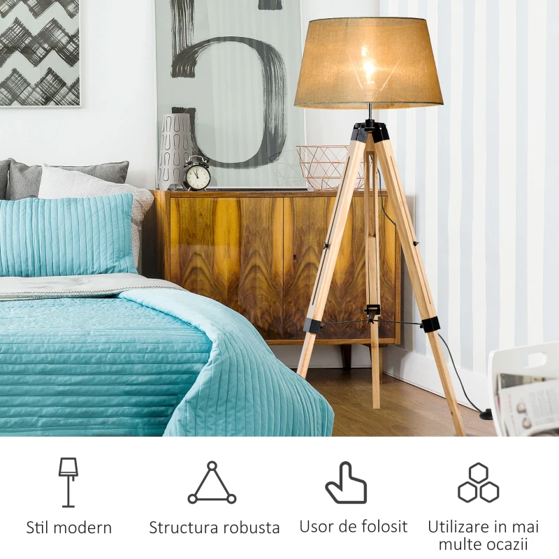 HOMCOM Lampa de Sol Design cu Trepied in Lemn Inaltime Reglabila, Bej