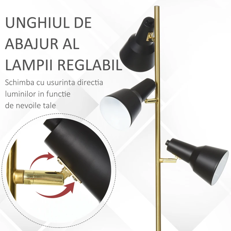 HOMCOM Lampa de podea de 150 cm, cu 3 abajururi reglabile, baza rotunda