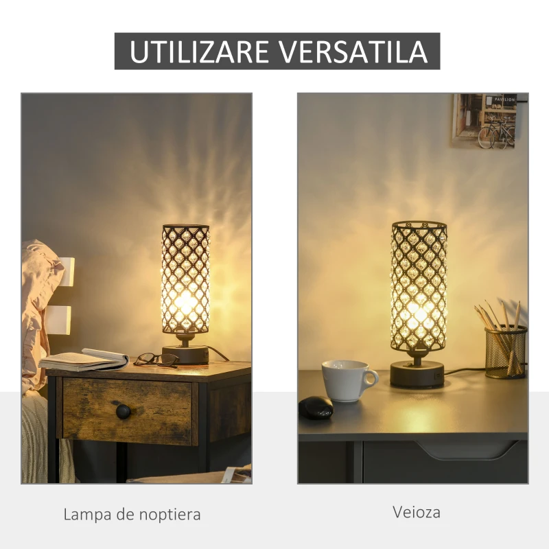 HOMCOM Lampa de Masa cu Abajur din Cristal si 2 Porturi USB, Intensitatea Luminii Reglabila Touch Ф10,8 x 30 cm, Negru